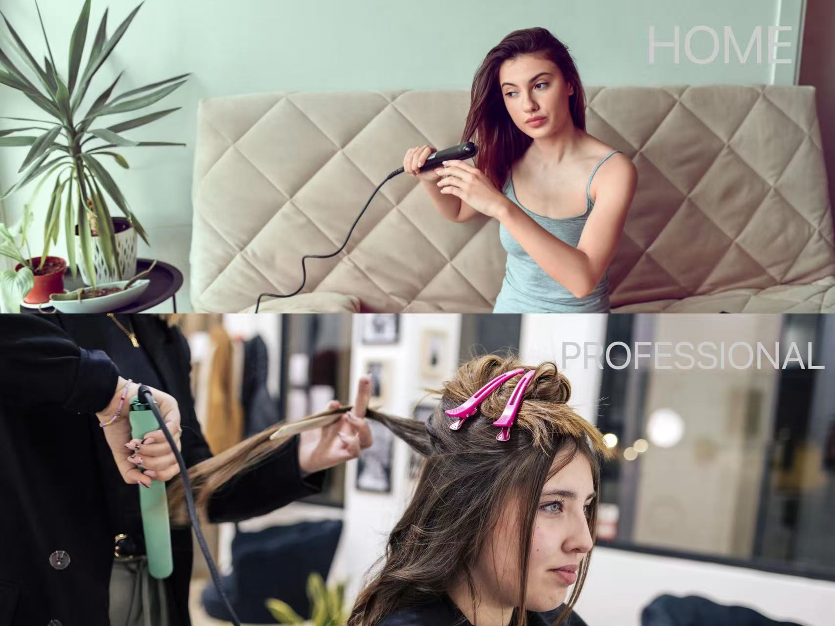 Home vs professional hair straightener usage scenario